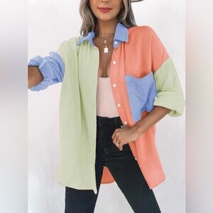 Colorblock Cotton Button-Up Shirt - Blue, Coral & Olive